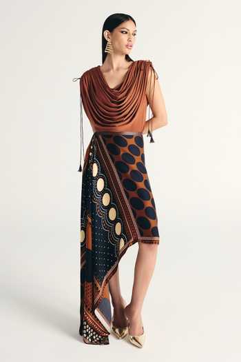 Buy_Kamaali Pret_Brown Satin Cowl Neck Rihla Draped Top And Skirt Set _Online_at_Aza_Fashions