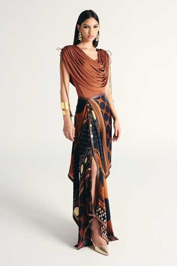 Shop_Kamaali Pret_Brown Satin Cowl Neck Rihla Draped Top And Skirt Set _Online_at_Aza_Fashions
