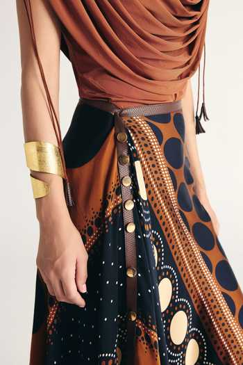 Kamaali Pret_Brown Satin Cowl Neck Rihla Draped Top And Skirt Set _at_Aza_Fashions
