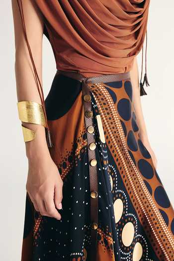 Buy_Kamaali Pret_Brown Satin Cowl Neck Abeer Top Skirt Set _Online_at_Aza_Fashions