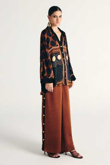 Kamaali Pret Brown Satin Collared Neck Azeen Printed Shirt And Pant Co-ord Set Online at Aza Fashions Kamaali Pret_Brown Satin Collared Neck Azeen Printed Shirt And Pant Co-ord Set _Online_at_Aza_Fashions