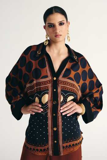 Kamaali Pret Brown Satin Collared Neck Azeen Printed Shirt And Pant Co-ord Set at Aza Fashions Kamaali Pret_Brown Satin Collared Neck Azeen Printed Shirt And Pant Co-ord Set _at_Aza_Fashions