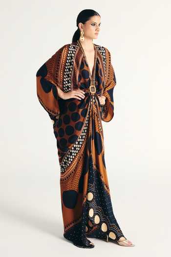 Kamaali Pret Brown Satin Plunge Neck Elara Printed Dress Online at Aza Fashions Kamaali Pret_Brown Satin Plunge Neck Elara Printed Dress _Online_at_Aza_Fashions