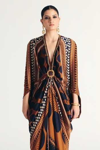 Buy Kamaali Pret Brown Satin Plunge Neck Elara Printed Dress Online at Aza Fashions Buy_Kamaali Pret_Brown Satin Plunge Neck Elara Printed Dress _Online_at_Aza_Fashions
