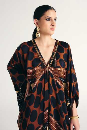 Kamaali Pret_Brown Satin V-neck Avaan Printed Kaftan _Online_at_Aza_Fashions