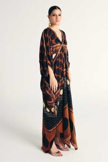 Shop_Kamaali Pret_Brown Satin V-neck Avaan Printed Kaftan _Online_at_Aza_Fashions