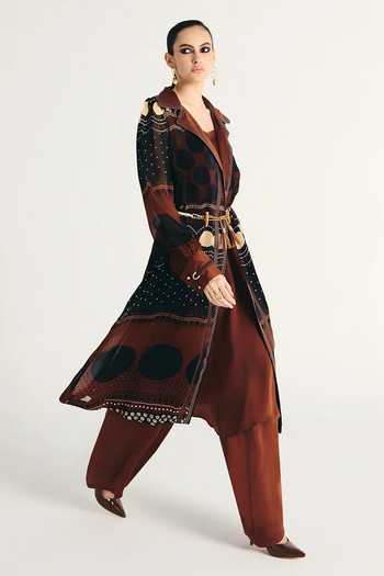 Kamaali Pret Brown Satin Ruwaida Printed Trench Coat Set Online at Aza Fashions Kamaali Pret_Brown Satin Ruwaida Printed Trench Coat Set _Online_at_Aza_Fashions