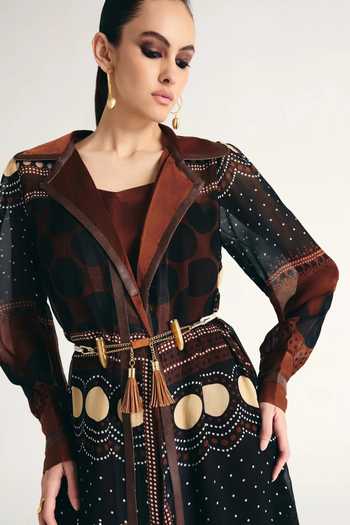 Buy Kamaali Pret Brown Satin Ruwaida Printed Trench Coat Set Online at Aza Fashions Buy_Kamaali Pret_Brown Satin Ruwaida Printed Trench Coat Set _Online_at_Aza_Fashions