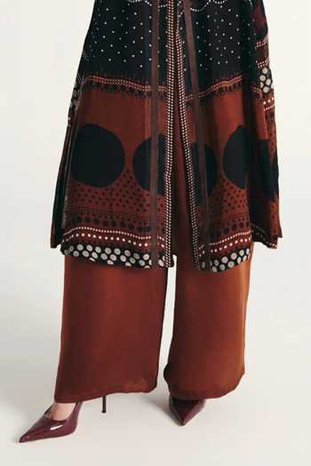 Shop Kamaali Pret Brown Satin Ruwaida Printed Trench Coat Set Online at Aza Fashions Shop_Kamaali Pret_Brown Satin Ruwaida Printed Trench Coat Set _Online_at_Aza_Fashions