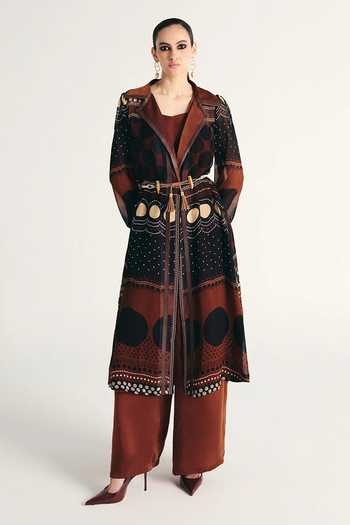 Kamaali Pret Brown Satin Ruwaida Printed Trench Coat Set at Aza Fashions Kamaali Pret_Brown Satin Ruwaida Printed Trench Coat Set _at_Aza_Fashions