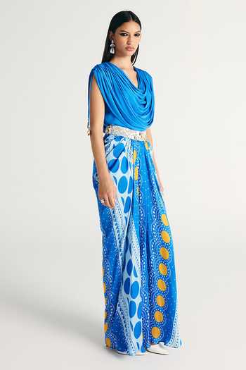 Kamaali Pret Blue Satin Cowl Neck Zayn Draped Top And Skirt Set Online at Aza Fashions Kamaali Pret_Blue Satin Cowl Neck Zayn Draped Top And Skirt Set _Online_at_Aza_Fashions