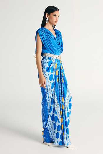 Buy Kamaali Pret Blue Satin Cowl Neck Zayn Draped Top And Skirt Set Online at Aza Fashions Buy_Kamaali Pret_Blue Satin Cowl Neck Zayn Draped Top And Skirt Set _Online_at_Aza_Fashions