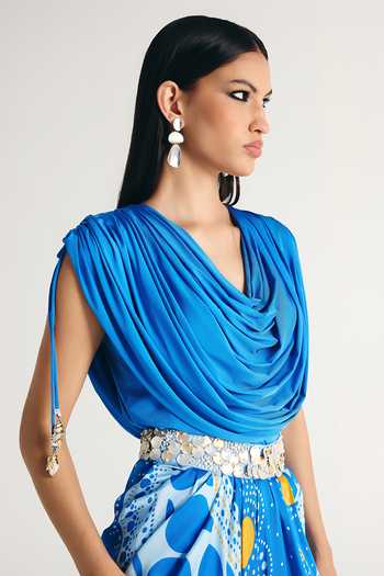 Shop Kamaali Pret Blue Satin Cowl Neck Zayn Draped Top And Skirt Set Online at Aza Fashions Shop_Kamaali Pret_Blue Satin Cowl Neck Zayn Draped Top And Skirt Set _Online_at_Aza_Fashions