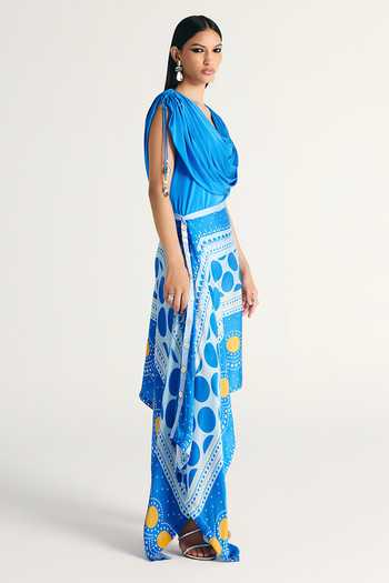 Kamaali Pret Blue Satin Cowl Neck Maeva Draped Top And Skirt Set Online at Aza Fashions Kamaali Pret_Blue Satin Cowl Neck Maeva Draped Top And Skirt Set _Online_at_Aza_Fashions