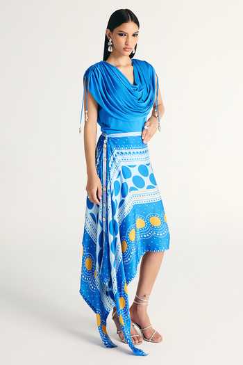 Shop Kamaali Pret Blue Satin Cowl Neck Maeva Draped Top And Skirt Set Online at Aza Fashions Shop_Kamaali Pret_Blue Satin Cowl Neck Maeva Draped Top And Skirt Set _Online_at_Aza_Fashions