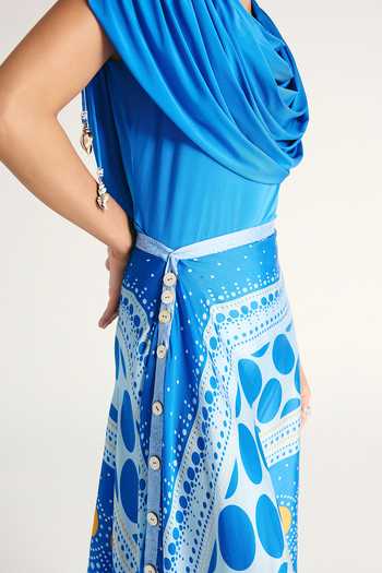 Buy Kamaali Pret Blue Satin Cowl Neck Maeva Draped Top And Skirt Set Buy_Kamaali Pret_Blue Satin Cowl Neck Maeva Draped Top And Skirt Set