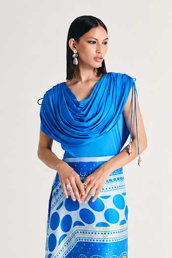 Buy Kamaali Pret Blue Satin Cowl Neck Safa Skirt And Pant Set Online at Aza Fashions Buy_Kamaali Pret_Blue Satin Cowl Neck Safa Skirt And Pant Set _Online_at_Aza_Fashions