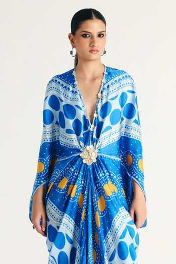 Kamaali Pret Blue Satin Plunge Neck Kairo Printed Dress Online at Aza Fashions Kamaali Pret_Blue Satin Plunge Neck Kairo Printed Dress _Online_at_Aza_Fashions