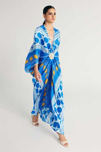 Buy Kamaali Pret Blue Satin Plunge Neck Kairo Printed Dress Online at Aza Fashions Buy_Kamaali Pret_Blue Satin Plunge Neck Kairo Printed Dress _Online_at_Aza_Fashions