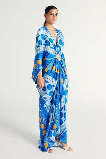Shop Kamaali Pret Blue Satin Plunge Neck Kairo Printed Dress Online at Aza Fashions Shop_Kamaali Pret_Blue Satin Plunge Neck Kairo Printed Dress _Online_at_Aza_Fashions