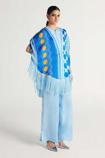 Kamaali Pret_Blue Satin Round Neck Senna Printed Top And Pant Co-ord Set _Online_at_Aza_Fashions