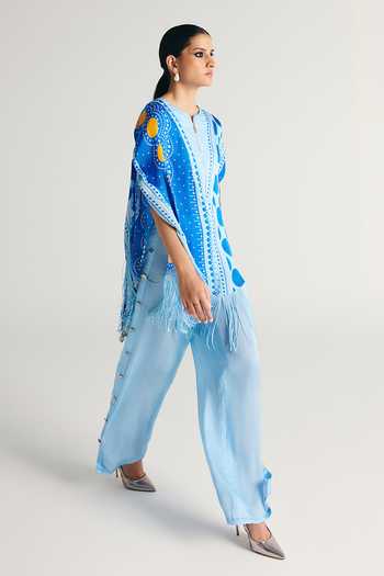 Buy_Kamaali Pret_Blue Satin Round Neck Senna Printed Top And Pant Co-ord Set _Online_at_Aza_Fashions