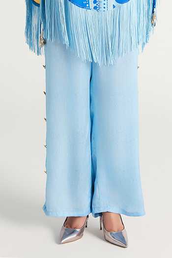 Shop_Kamaali Pret_Blue Satin Round Neck Senna Printed Top And Pant Co-ord Set _Online_at_Aza_Fashions