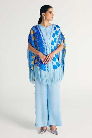 Kamaali Pret_Blue Satin Round Neck Senna Printed Top And Pant Co-ord Set _at_Aza_Fashions