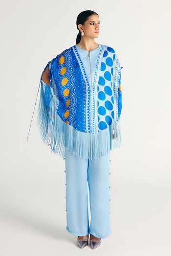 Buy_Kamaali Pret_Blue Satin Round Neck Senna Printed Top And Pant Co-ord Set 