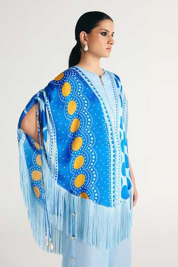Shop_Kamaali Pret_Blue Satin Round Neck Senna Printed Top And Pant Co-ord Set 