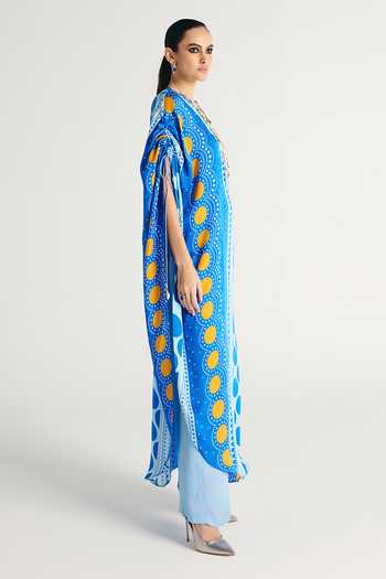 Kamaali Pret Blue Satin V-neck Varel Printed Kaftan And Pant Set Online at Aza Fashions Kamaali Pret_Blue Satin V-neck Varel Printed Kaftan And Pant Set _Online_at_Aza_Fashions