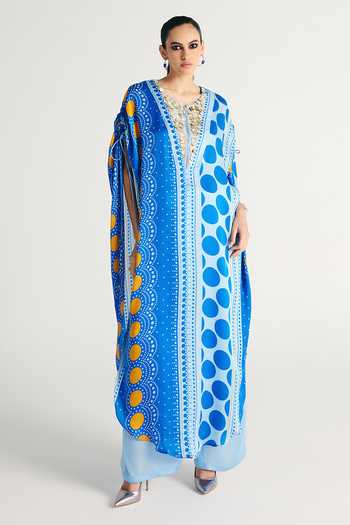 Buy Kamaali Pret Blue Satin V-neck Varel Printed Kaftan And Pant Set Online at Aza Fashions Buy_Kamaali Pret_Blue Satin V-neck Varel Printed Kaftan And Pant Set _Online_at_Aza_Fashions
