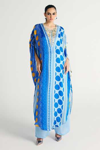 Shop Kamaali Pret Blue Satin V-neck Varel Printed Kaftan And Pant Set Online at Aza Fashions Shop_Kamaali Pret_Blue Satin V-neck Varel Printed Kaftan And Pant Set _Online_at_Aza_Fashions