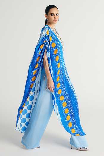 Kamaali Pret Blue Satin V-neck Varel Printed Kaftan And Pant Set at Aza Fashions Kamaali Pret_Blue Satin V-neck Varel Printed Kaftan And Pant Set _at_Aza_Fashions