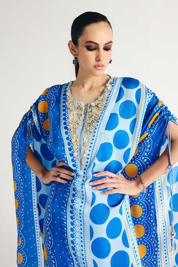 Buy Kamaali Pret Blue Satin V-neck Varel Printed Kaftan And Pant Set Buy_Kamaali Pret_Blue Satin V-neck Varel Printed Kaftan And Pant Set