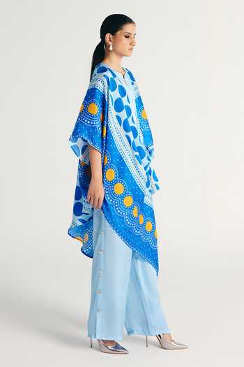 Kamaali Pret_Blue Satin Round Neck Azur Printed Tunic And Pant Co-ord Set _Online_at_Aza_Fashions