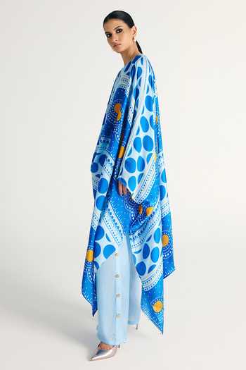 Buy_Kamaali Pret_Blue Satin Round Neck Azur Printed Tunic And Pant Co-ord Set _Online_at_Aza_Fashions