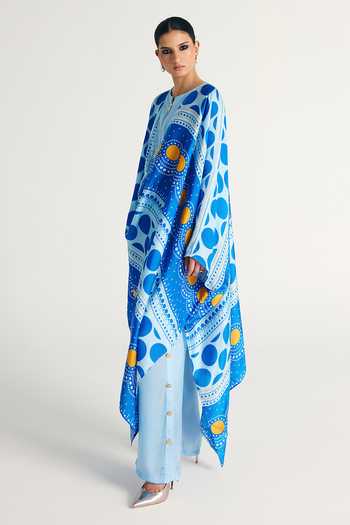 Shop_Kamaali Pret_Blue Satin Round Neck Azur Printed Tunic And Pant Co-ord Set _Online_at_Aza_Fashions