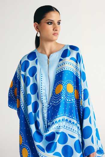 Kamaali Pret_Blue Satin Round Neck Azur Printed Tunic And Pant Co-ord Set _at_Aza_Fashions
