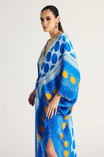Kamaali Pret Blue Satin V-neck Zivah Printed Kaftan Online at Aza Fashions Kamaali Pret_Blue Satin V-neck Zivah Printed Kaftan _Online_at_Aza_Fashions