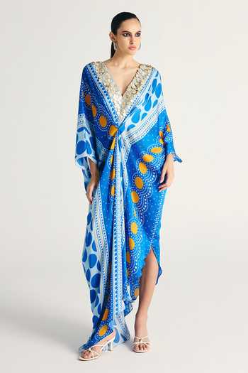 Buy Kamaali Pret Blue Satin V-neck Zivah Printed Kaftan Online at Aza Fashions Buy_Kamaali Pret_Blue Satin V-neck Zivah Printed Kaftan _Online_at_Aza_Fashions