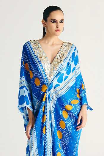 Shop Kamaali Pret Blue Satin V-neck Zivah Printed Kaftan Online at Aza Fashions Shop_Kamaali Pret_Blue Satin V-neck Zivah Printed Kaftan _Online_at_Aza_Fashions