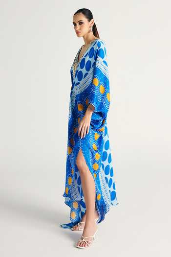 Kamaali Pret Blue Satin V-neck Zivah Printed Kaftan at Aza Fashions Kamaali Pret_Blue Satin V-neck Zivah Printed Kaftan _at_Aza_Fashions