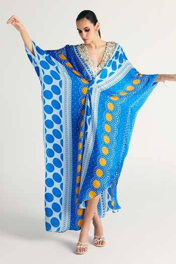 Buy Kamaali Pret Blue Satin V-neck Zivah Printed Kaftan Buy_Kamaali Pret_Blue Satin V-neck Zivah Printed Kaftan