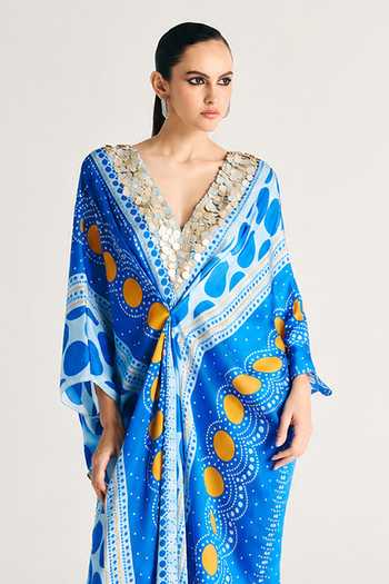 Buy Kamaali Pret Blue Satin Plunge Neck Samra Printed Kaftan And Pant Set Online at Aza Fashions Buy_Kamaali Pret_Blue Satin Plunge Neck Samra Printed Kaftan And Pant Set _Online_at_Aza_Fashions