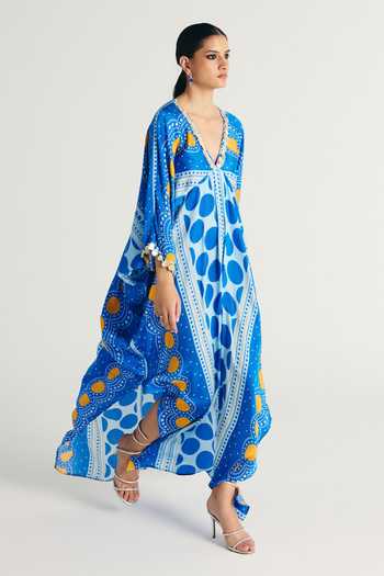 Kamaali Pret_Blue Satin Plunge Neck Sava Printed Kaftan _Online_at_Aza_Fashions