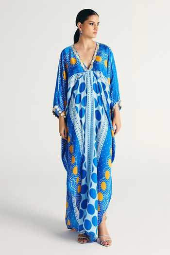 Buy_Kamaali Pret_Blue Satin Plunge Neck Sava Printed Kaftan _Online_at_Aza_Fashions
