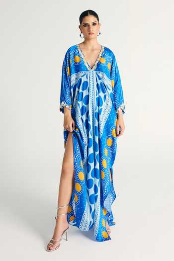 Shop_Kamaali Pret_Blue Satin Plunge Neck Sava Printed Kaftan _Online_at_Aza_Fashions