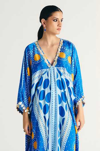 Kamaali Pret_Blue Satin Plunge Neck Sava Printed Kaftan _at_Aza_Fashions