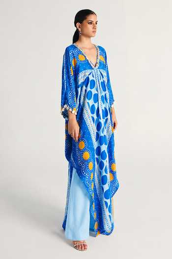 Kamaali Pret Blue Satin V-neck Ward Printed Kaftan And Pant Set Online at Aza Fashions Kamaali Pret_Blue Satin V-neck Ward Printed Kaftan And Pant Set _Online_at_Aza_Fashions